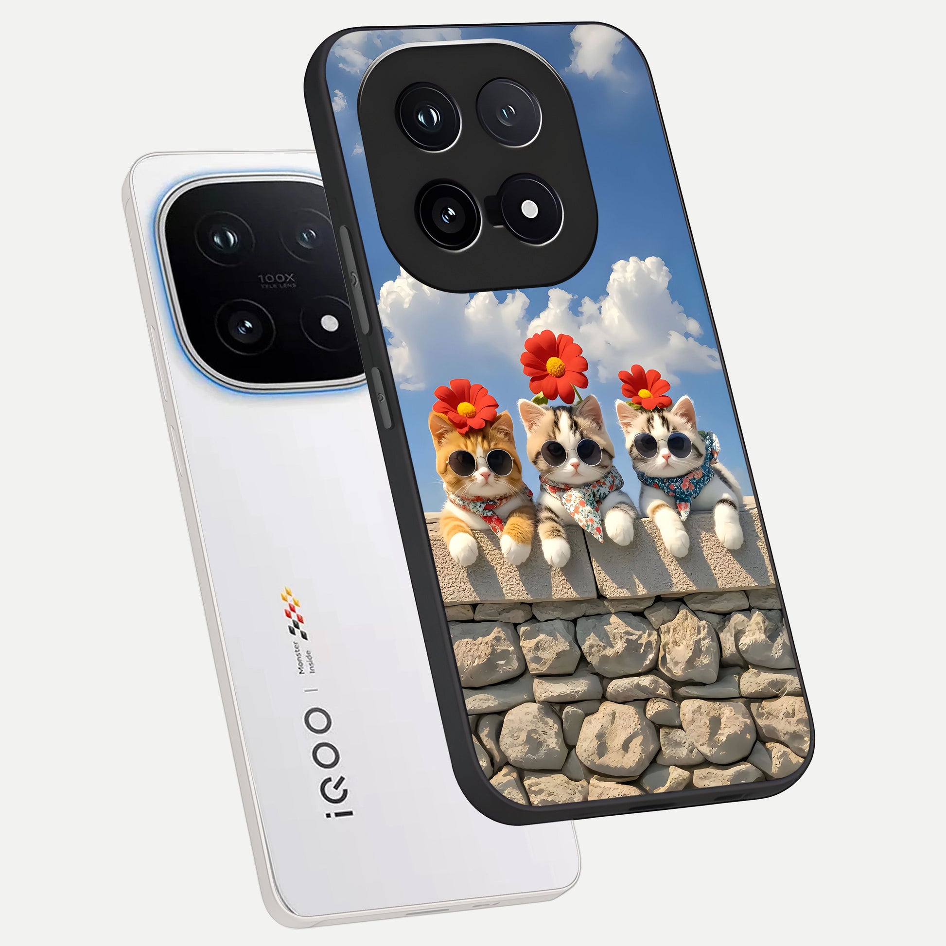  Floral Kitty Squad phone case for iQOO 15 showing premium glass back cover with detailed artwork