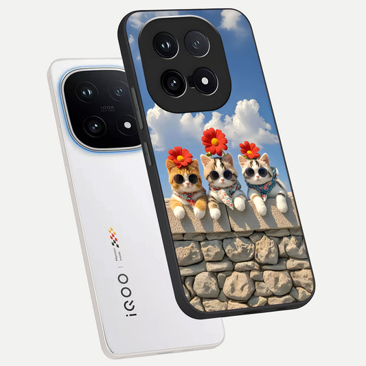  Floral Kitty Squad phone case for iQOO 15 showing premium glass back cover with detailed artwork