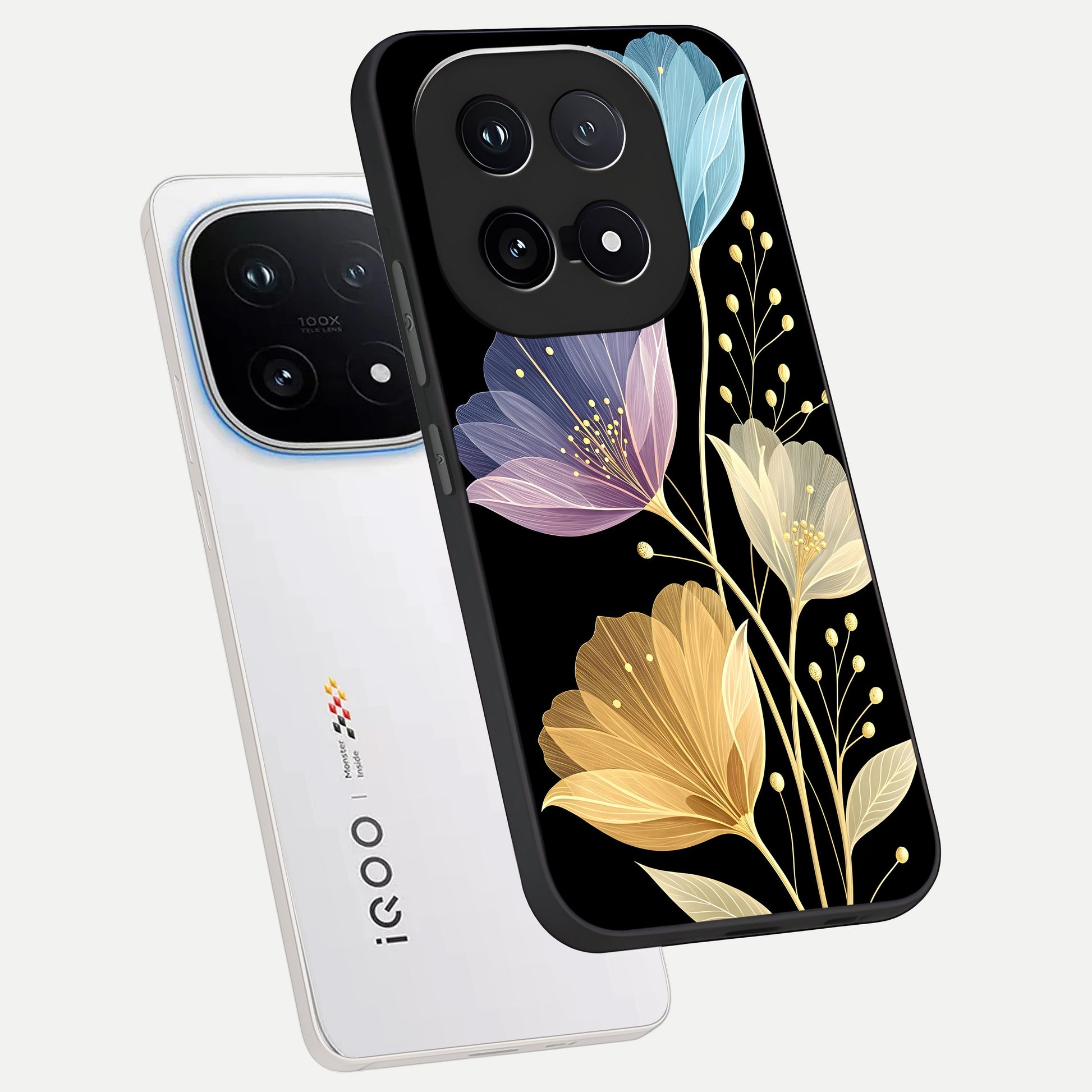  Flower Bloom Glow phone case for iQOO 15 showing premium glass back cover with detailed artwork