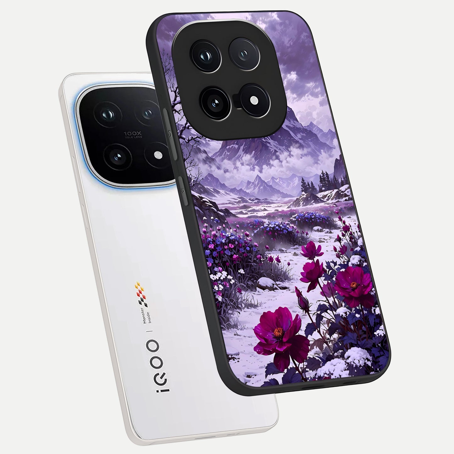  Flower Mountain View phone case for iQOO 15 showing premium glass back cover with detailed artwork