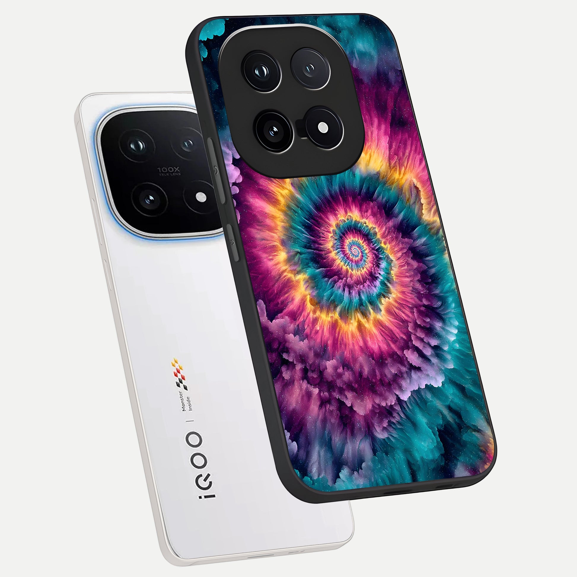  Galactic Spiral Burst phone case for iQOO 15 showing premium glass back cover with detailed artwork