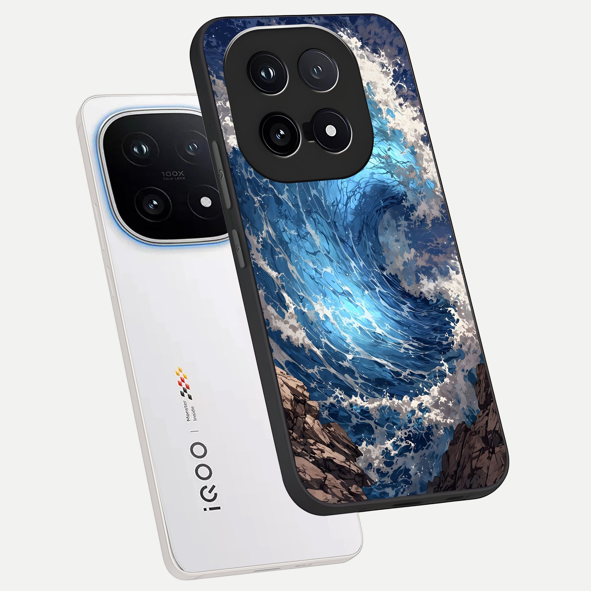  Giant Ocean Wave phone case for iQOO 15 showing premium glass back cover with detailed artwork