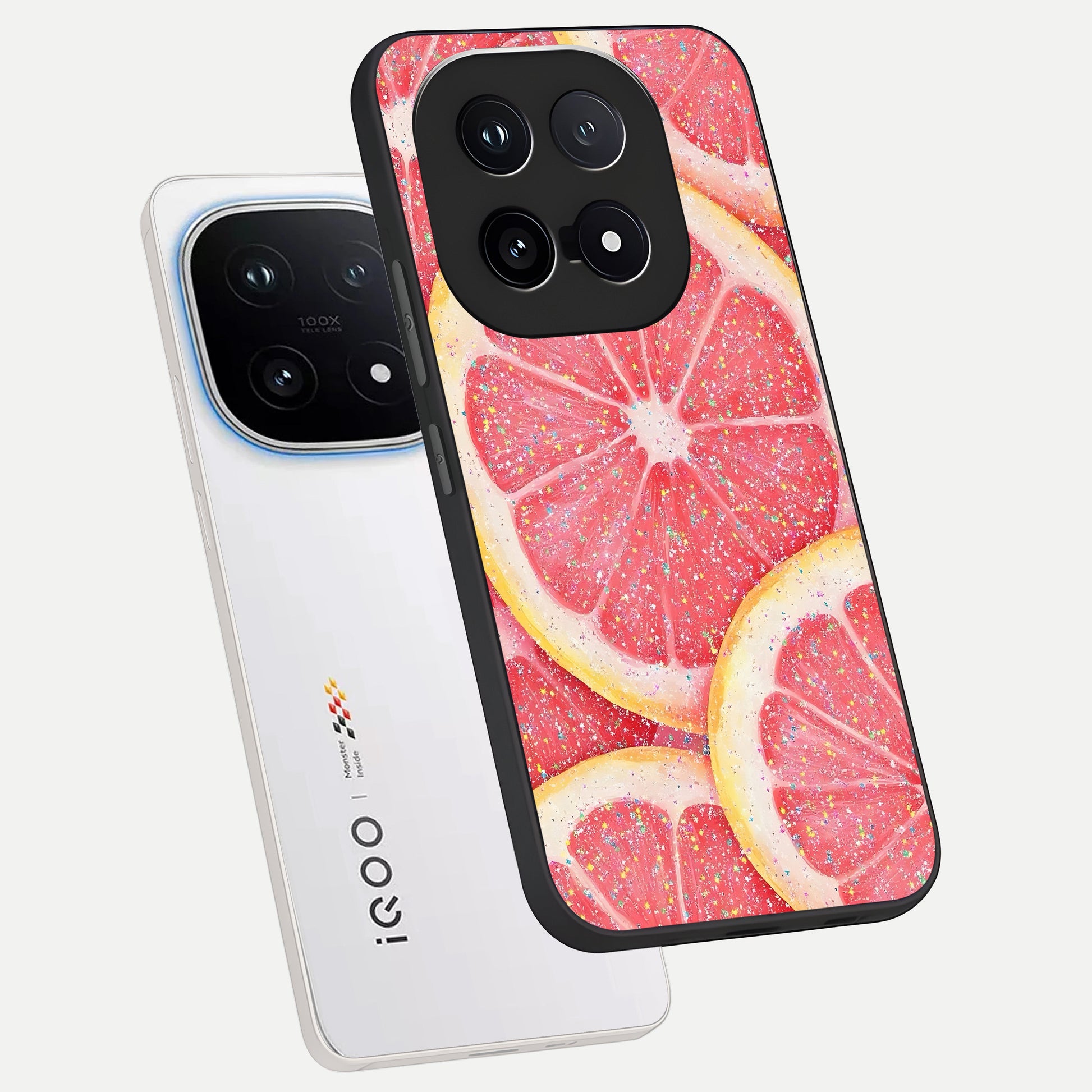  Glitter Grapefruit phone case for iQOO 15 showing premium glass back cover with detailed artwork