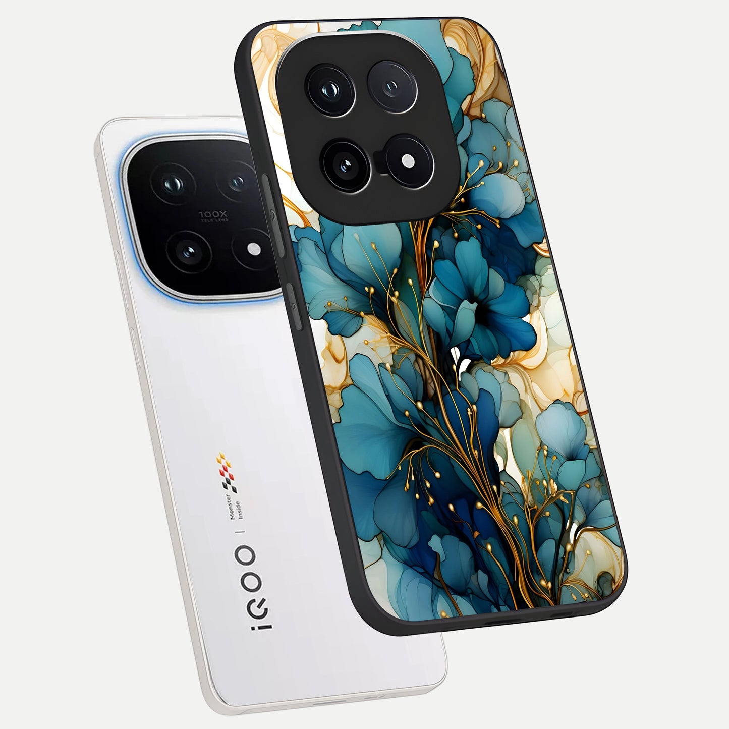  Golden Bloom Symphony phone case for iQOO 15 showing premium glass back cover with detailed artwork