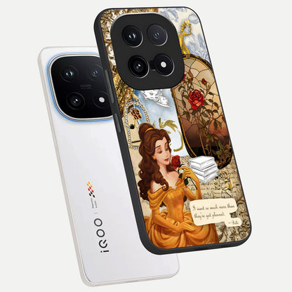  Golden Dream Belle phone case for iQOO 15 showing premium glass back cover with detailed artwork