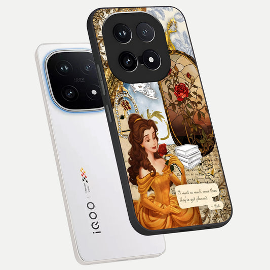  Golden Dream Belle phone case for iQOO 15 showing premium glass back cover with detailed artwork