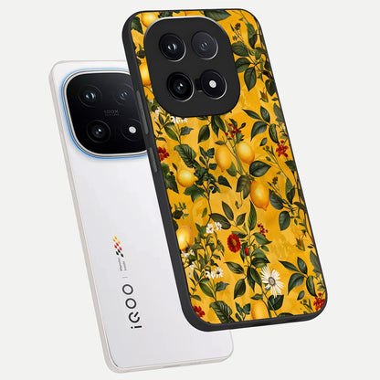  Golden Lemon Field phone case for iQOO 15 showing premium glass back cover with detailed artwork