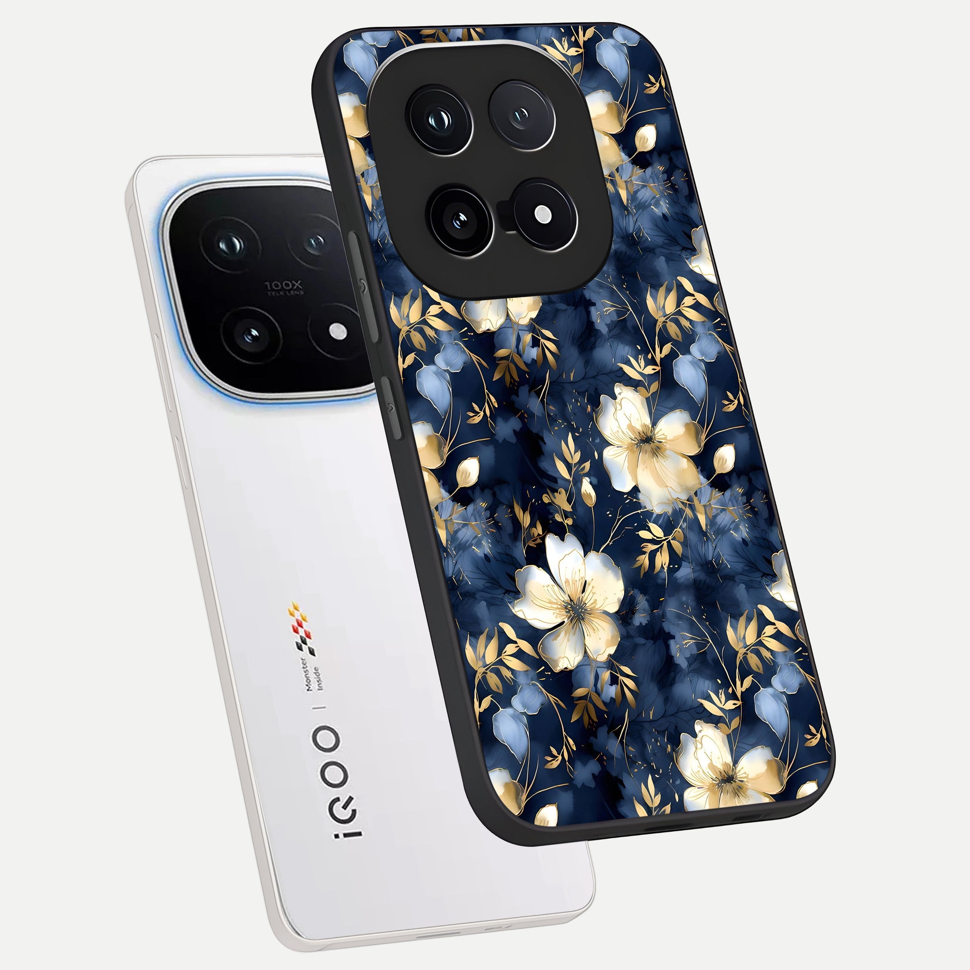  Golden Midnight Bloom phone case for iQOO 15 showing premium glass back cover with detailed artwork