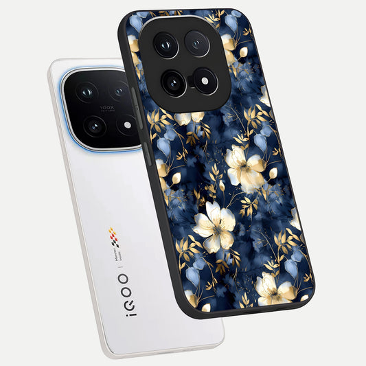  Golden Midnight Bloom phone case for iQOO 15 showing premium glass back cover with detailed artwork