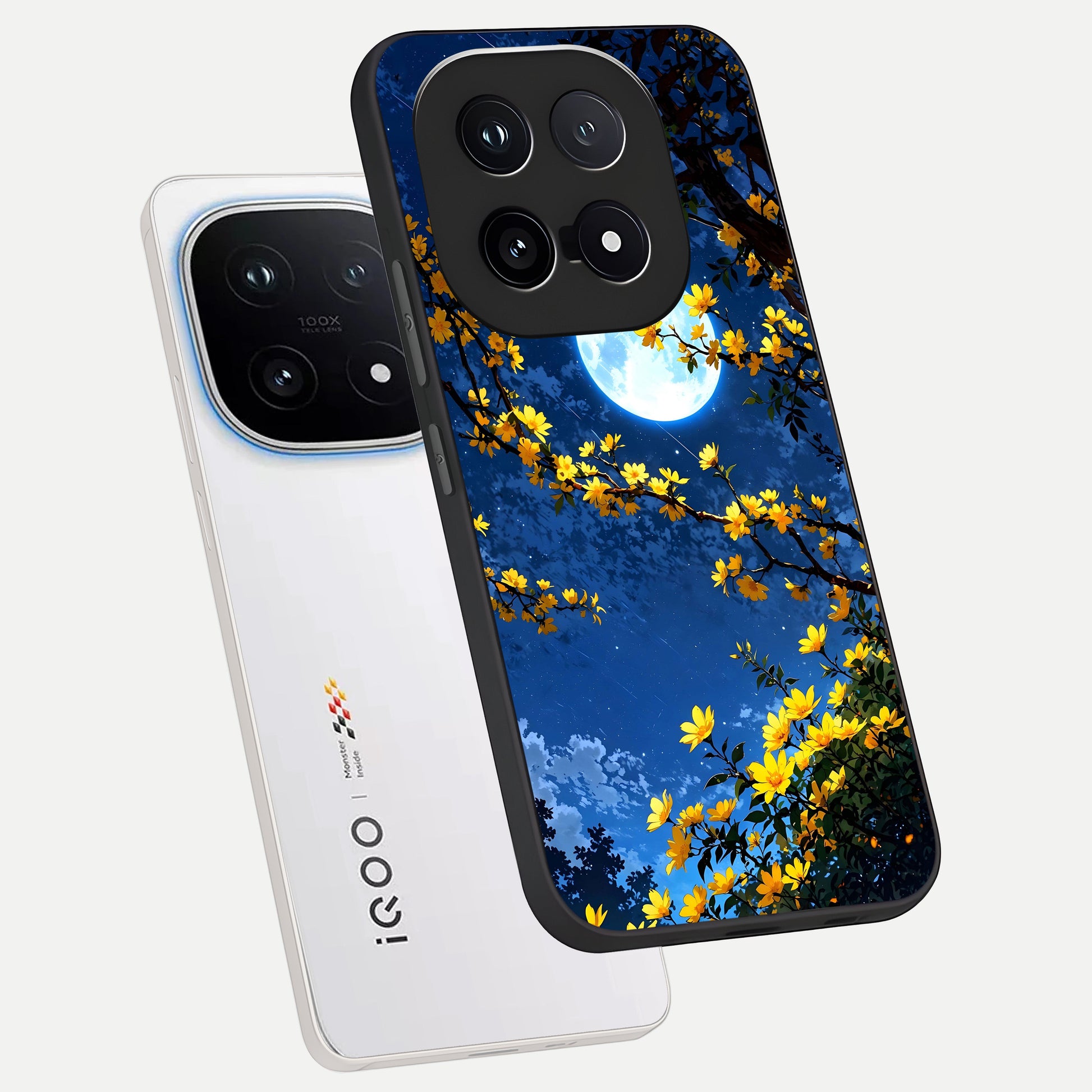  Golden Night Glow phone case for iQOO 15 showing premium glass back cover with detailed artwork