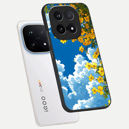  Golden Petal Sky phone case for iQOO 15 showing premium glass back cover with detailed artwork