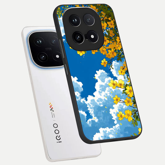 Golden Petal Sky phone case for iQOO 15 showing premium glass back cover with detailed artwork