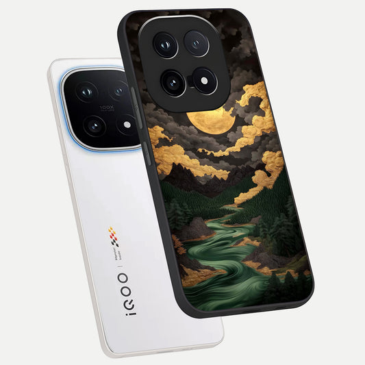  Golden River Moon phone case for iQOO 15 showing premium glass back cover with detailed artwork