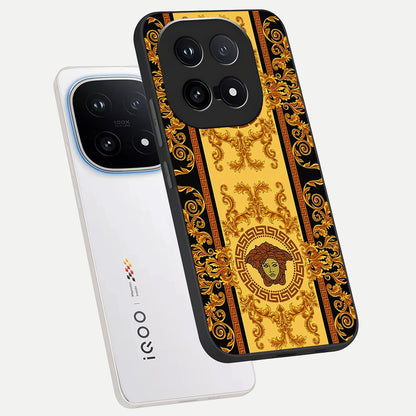  Golden Royal Heritage phone case for iQOO 15 showing premium glass back cover with detailed artwork
