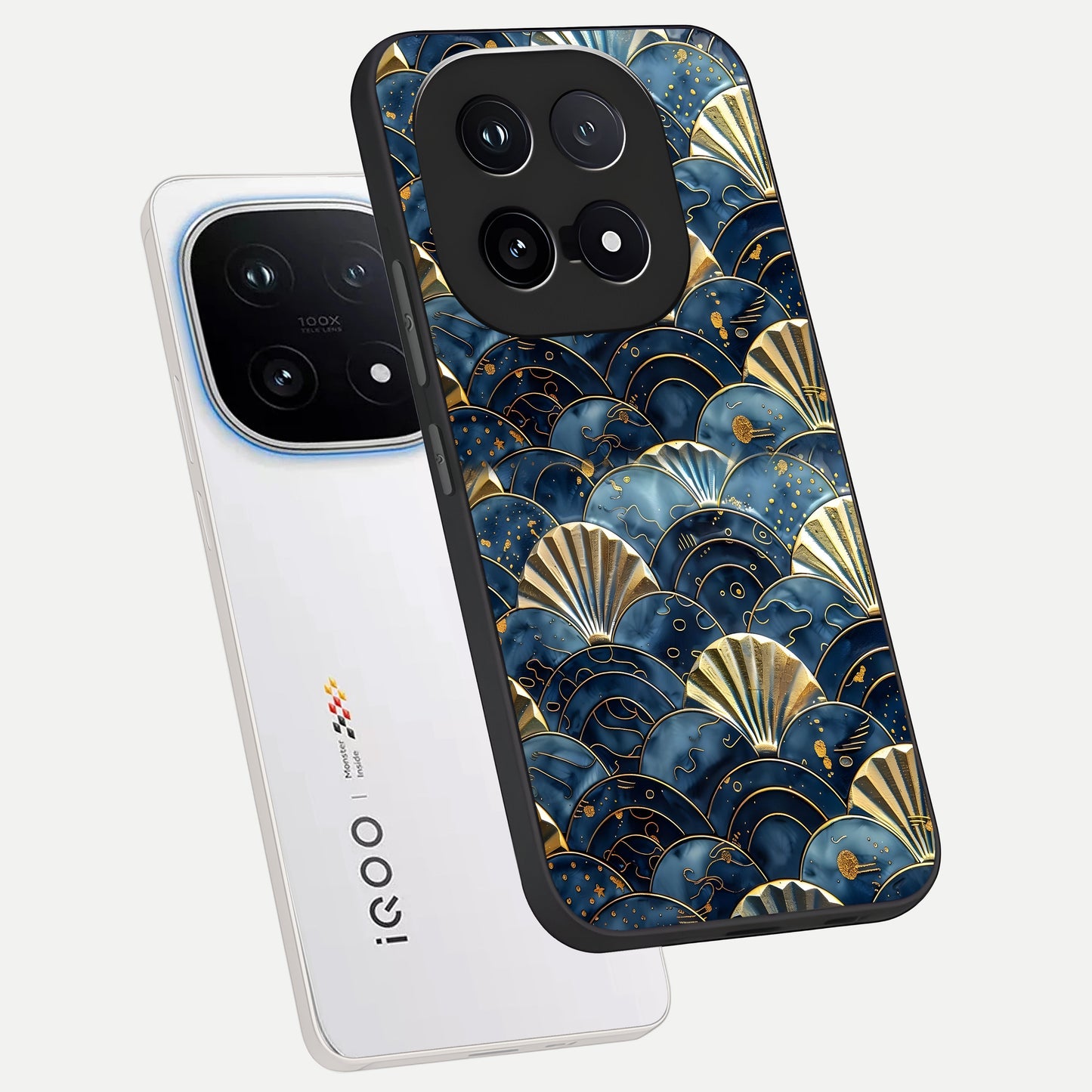  Golden Wave Luxe phone case for iQOO 15 showing premium glass back cover with detailed artwork