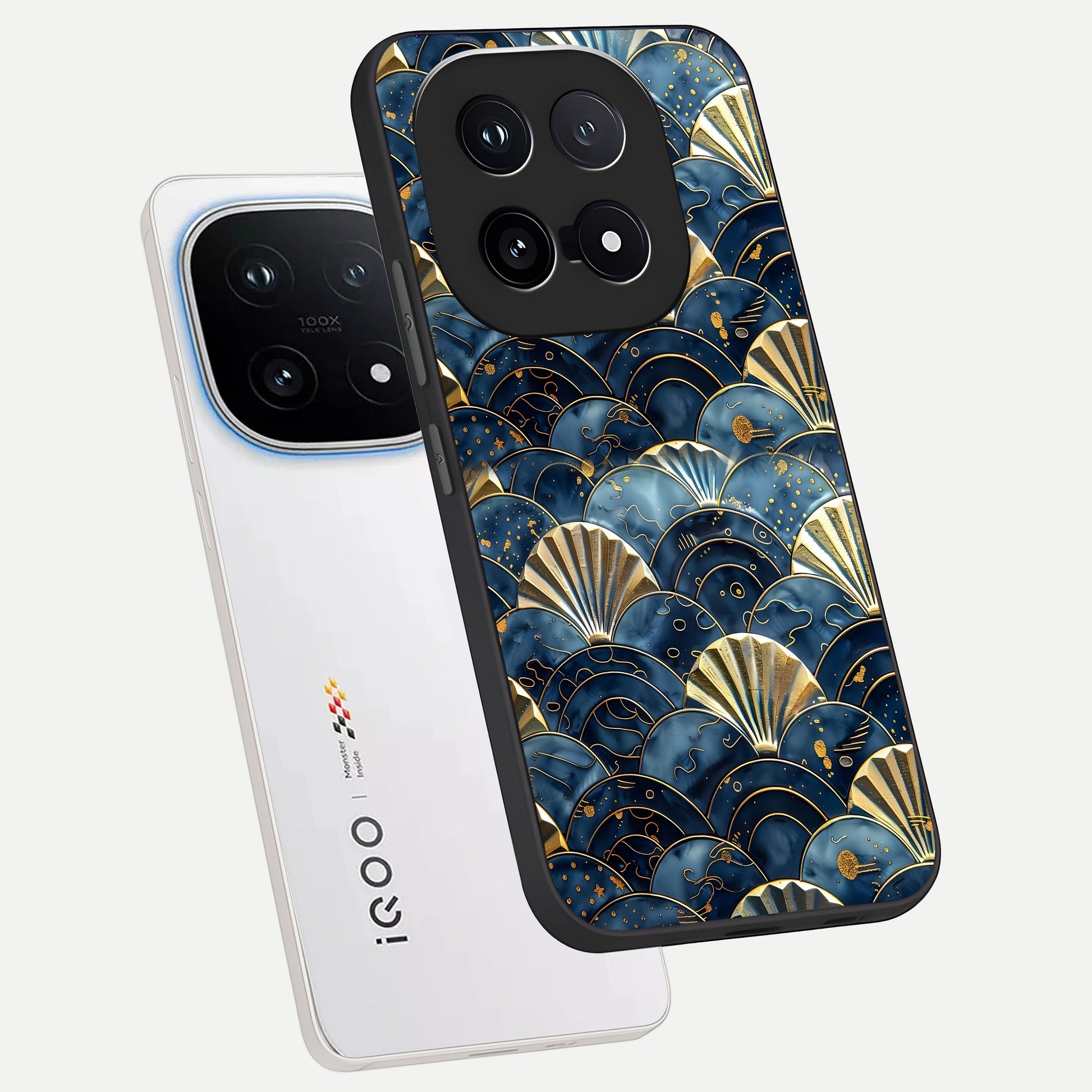  Golden Wave Luxe phone case for iQOO 15 showing premium glass back cover with detailed artwork