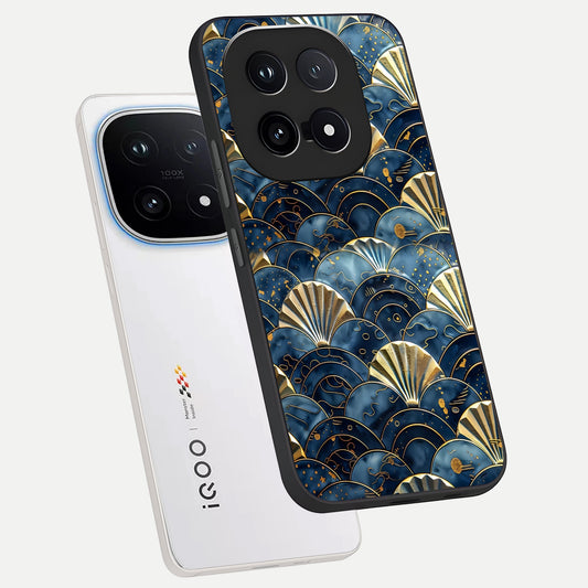  Golden Wave Luxe phone case for iQOO 15 showing premium glass back cover with detailed artwork