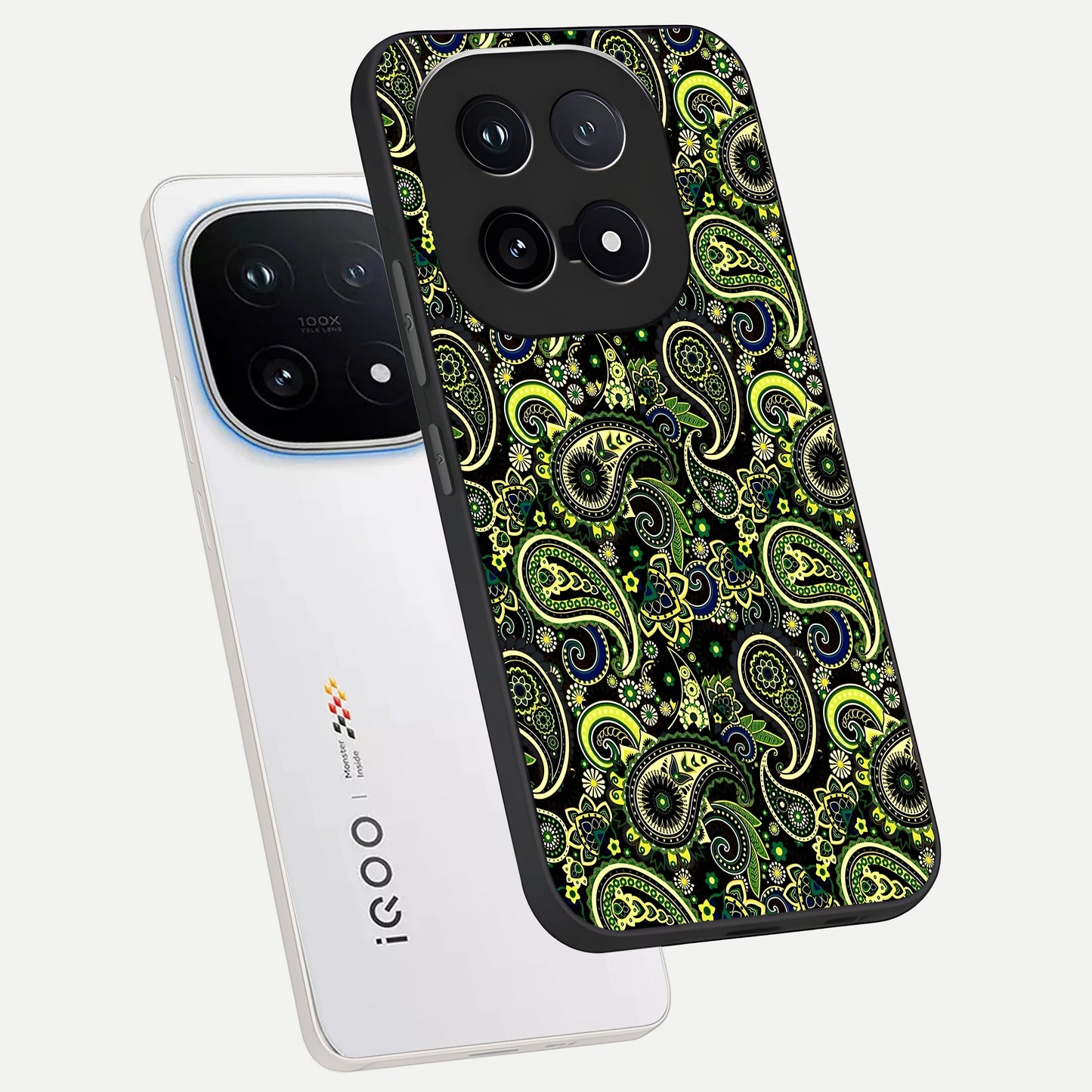  Green Lemon phone case for iQOO 15 showing premium glass back cover with detailed artwork