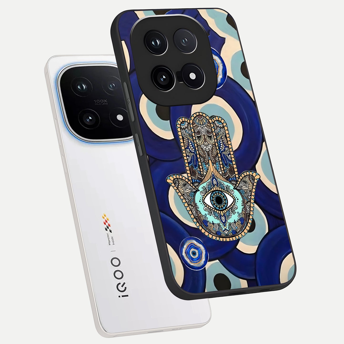  Hamsa Divine Guard phone case for iQOO 15 showing premium glass back cover with detailed artwork