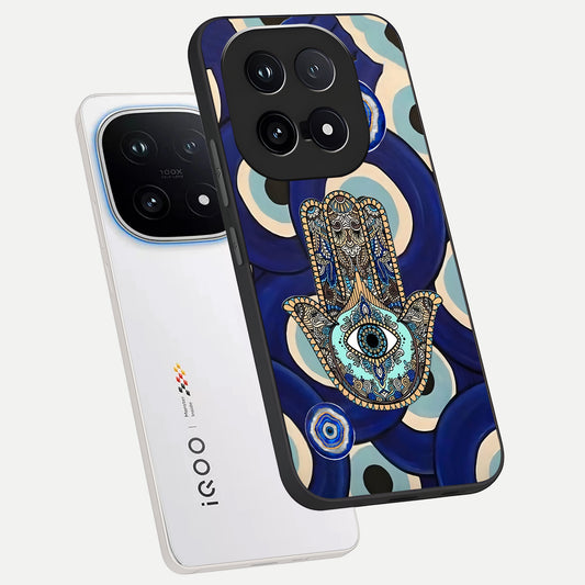  Hamsa Divine Guard phone case for iQOO 15 showing premium glass back cover with detailed artwork