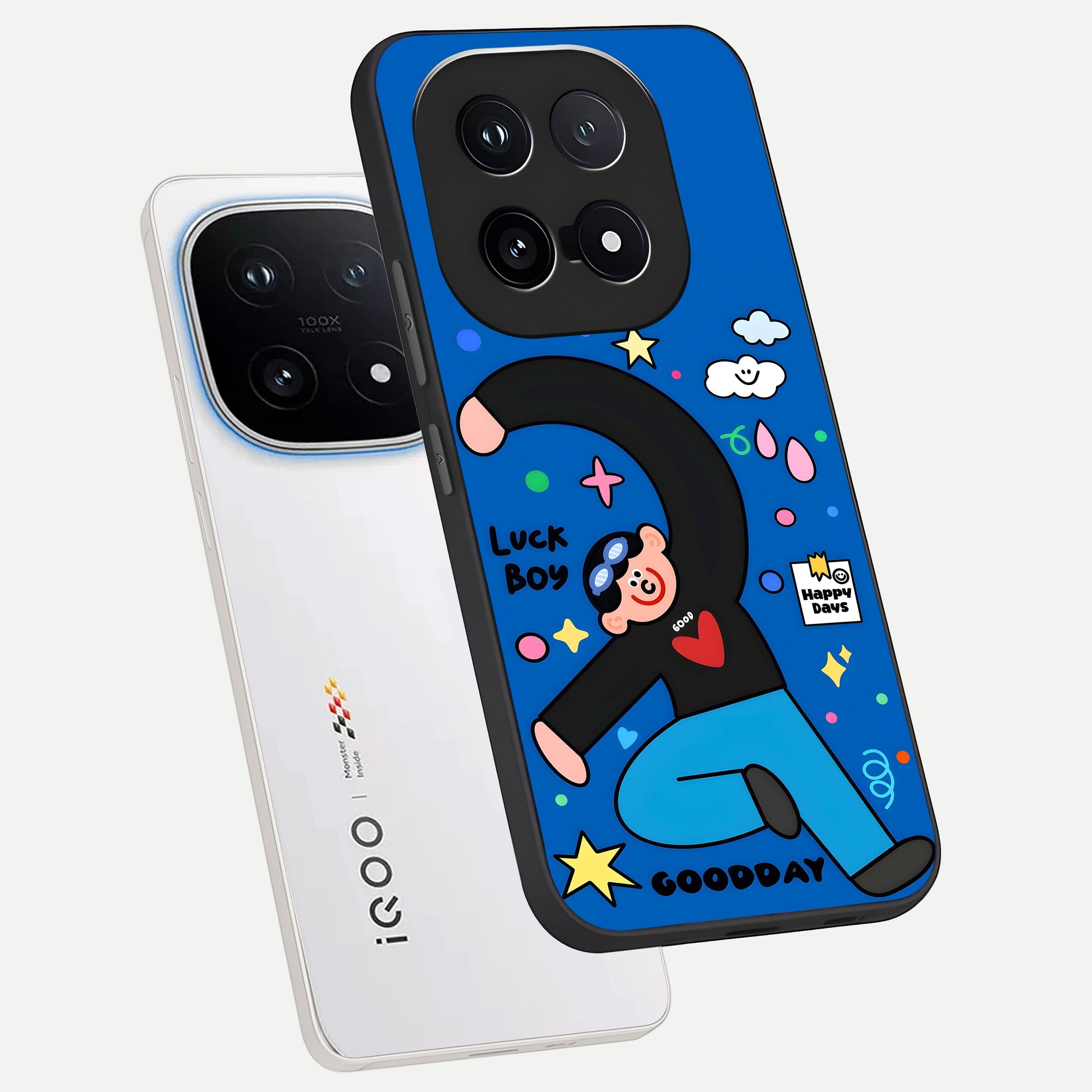  Happy Luck Vibe phone case for iQOO 15 showing premium glass back cover with detailed artwork