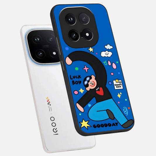  Happy Luck Vibe phone case for iQOO 15 showing premium glass back cover with detailed artwork