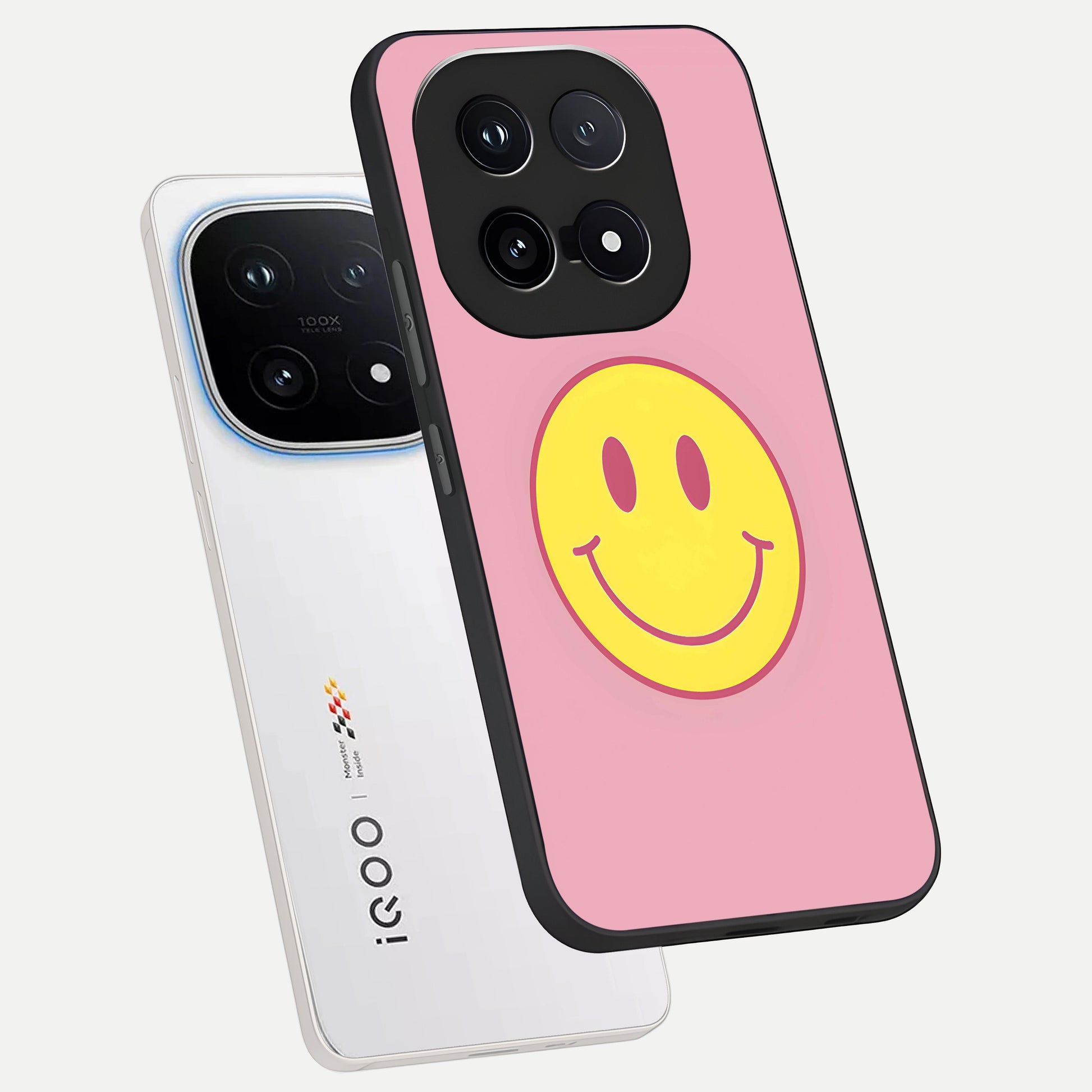  Happy Pink Mood phone case for iQOO 15 showing premium glass back cover with detailed artwork
