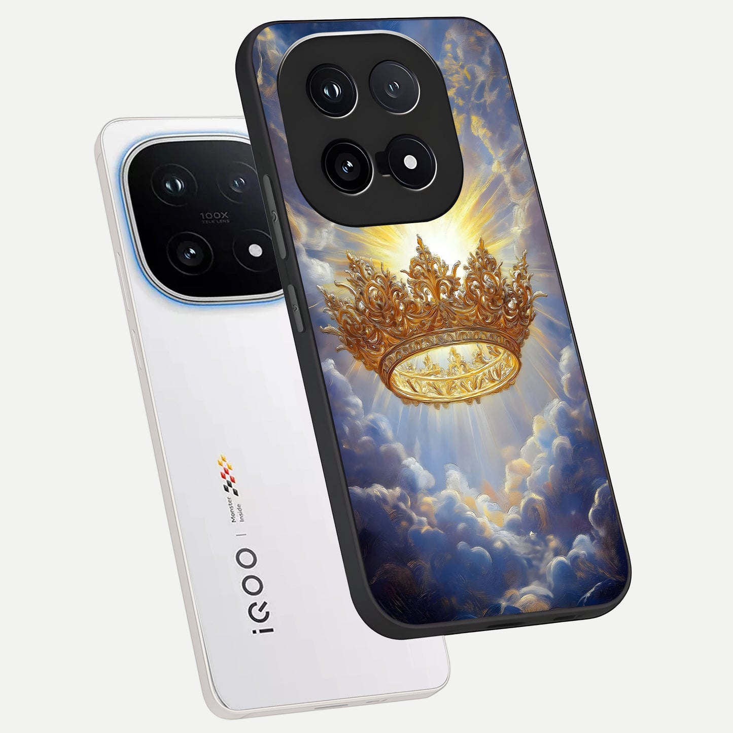  Heavenly Crown Light phone case for iQOO 15 showing premium glass back cover with detailed artwork