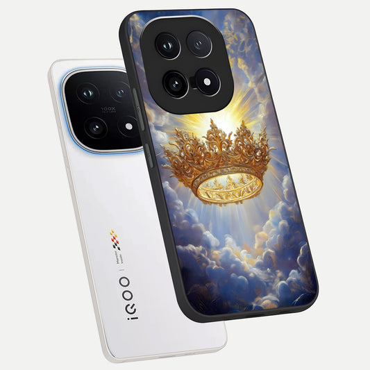  Heavenly Crown Light phone case for iQOO 15 showing premium glass back cover with detailed artwork