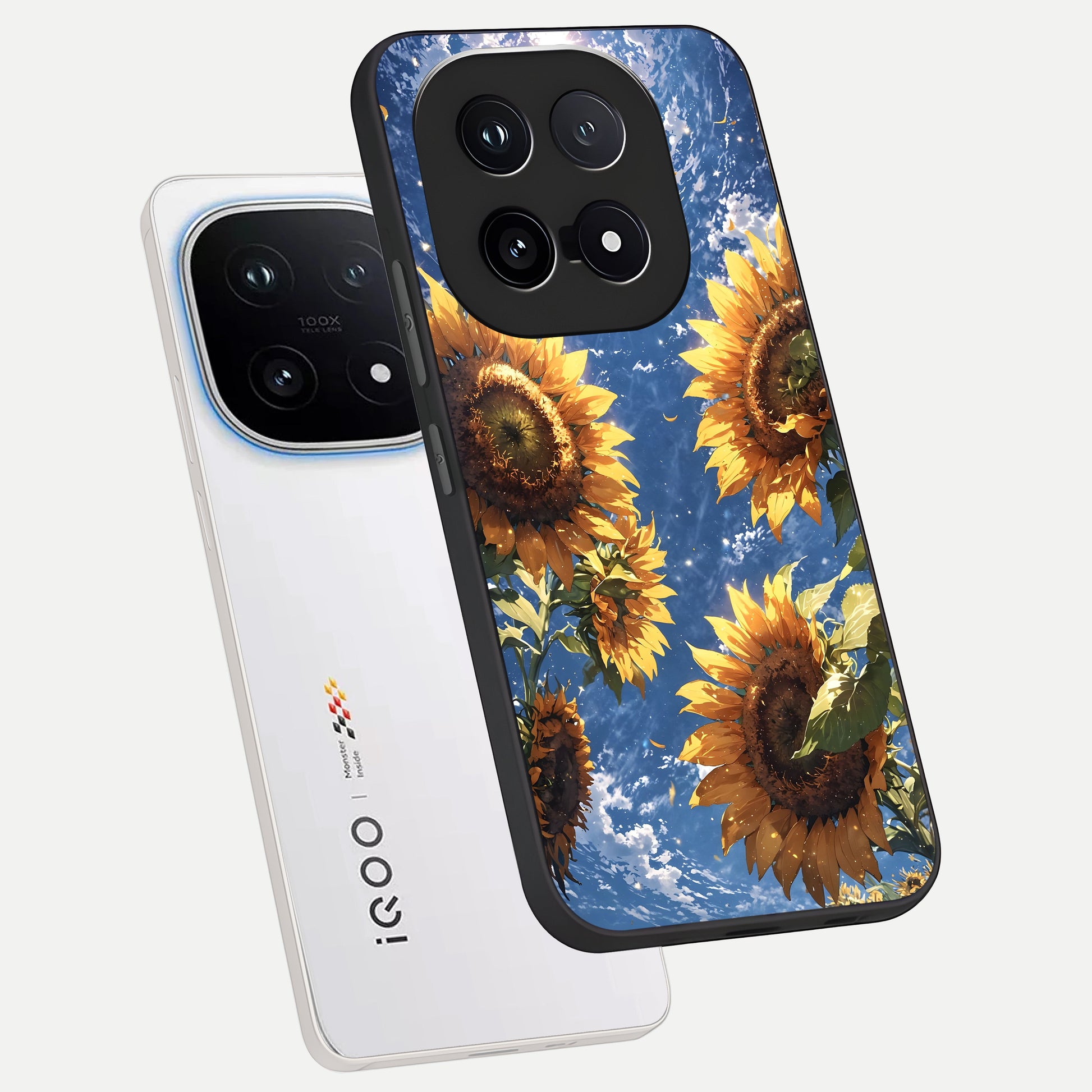  Heavenly Sunflower Rise phone case for iQOO 15 showing premium glass back cover with detailed artwork