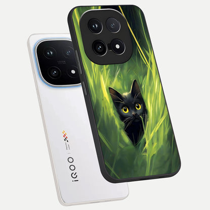  Hidden Cat Whisper phone case for iQOO 15 showing premium glass back cover with detailed artwork