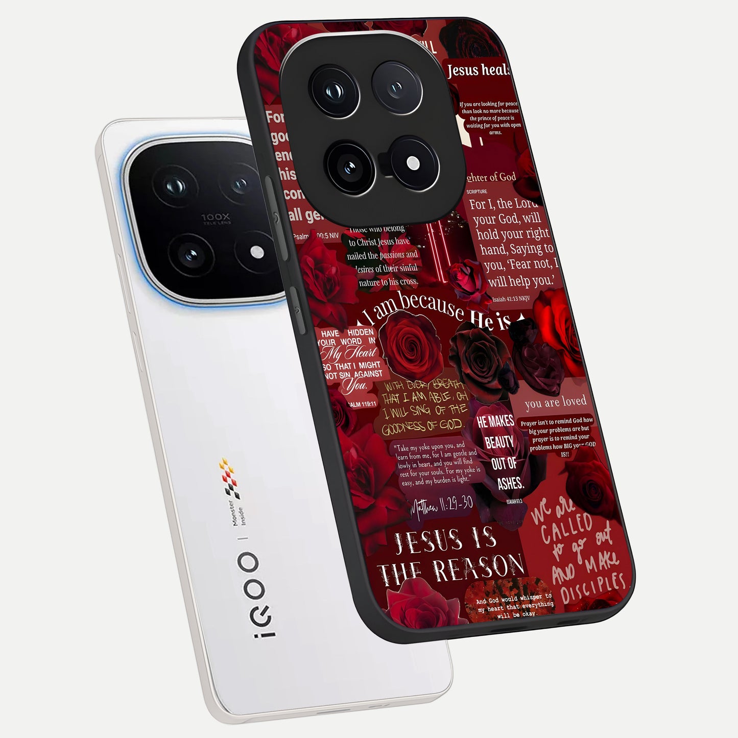  Jesus Love Heals phone case for iQOO 15 showing premium glass back cover with detailed artwork