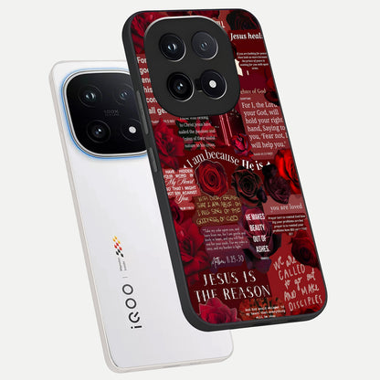  Jesus Love Heals phone case for iQOO 15 showing premium glass back cover with detailed artwork