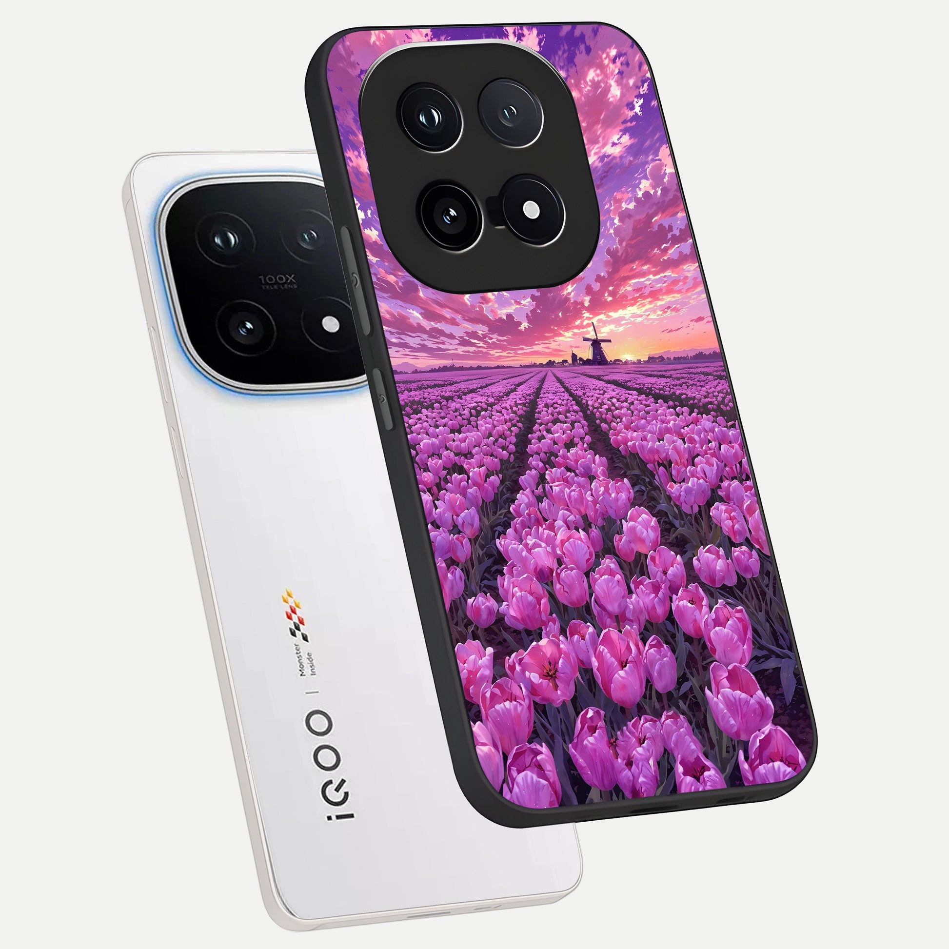  Lavender Dream Skies phone case for iQOO 15 showing premium glass back cover with detailed artwork