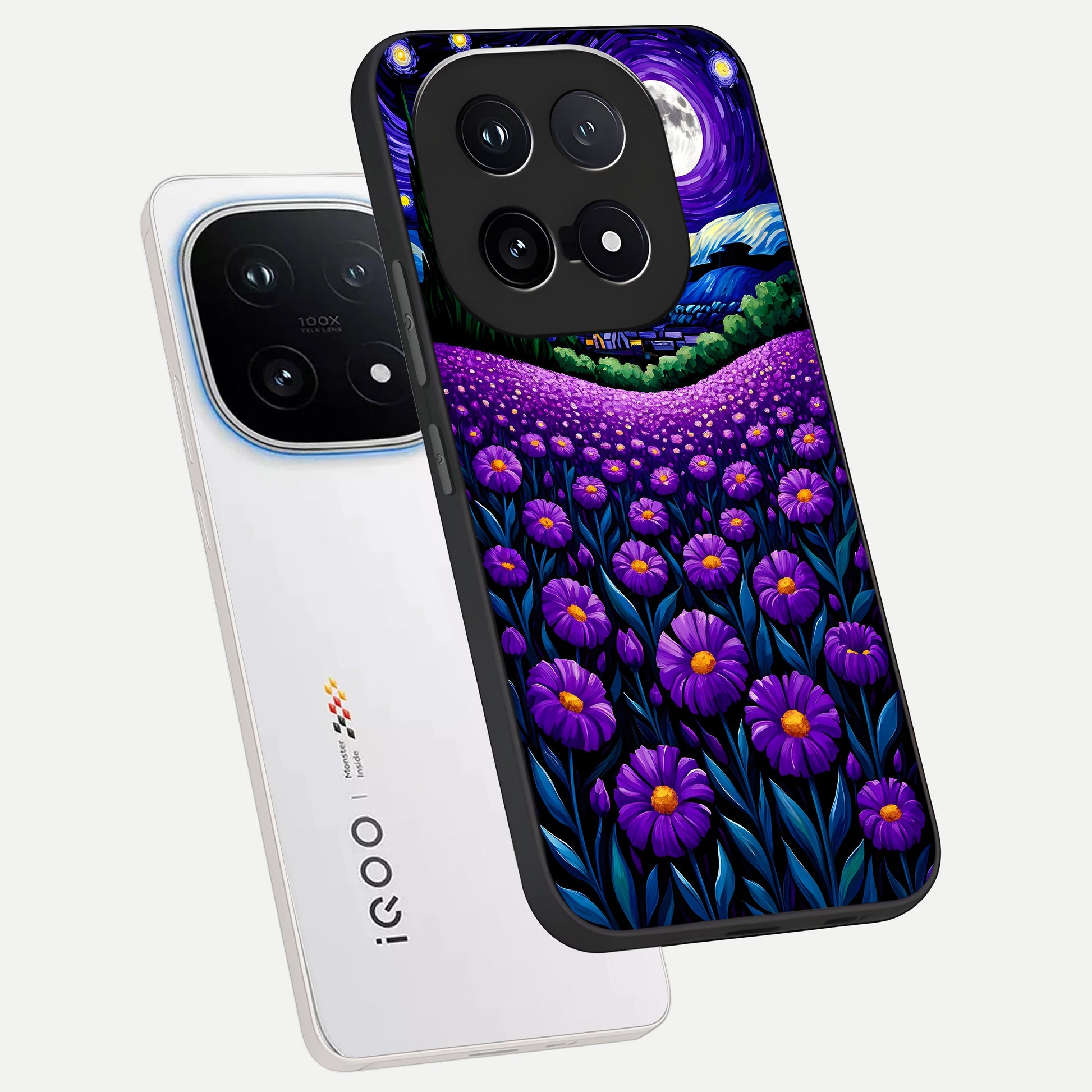  Lavender Moon Field phone case for iQOO 15 showing premium glass back cover with detailed artwork