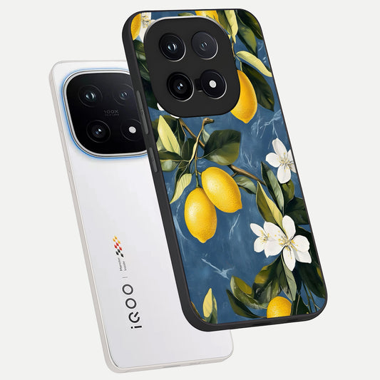  Lemon Dream Garden phone case for iQOO 15 showing premium glass back cover with detailed artwork