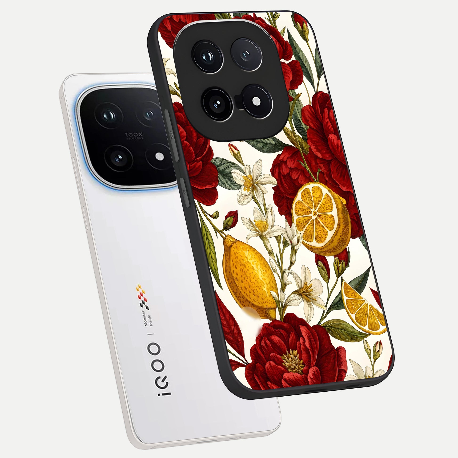  Lemon Rose Charm phone case for iQOO 15 showing premium glass back cover with detailed artwork