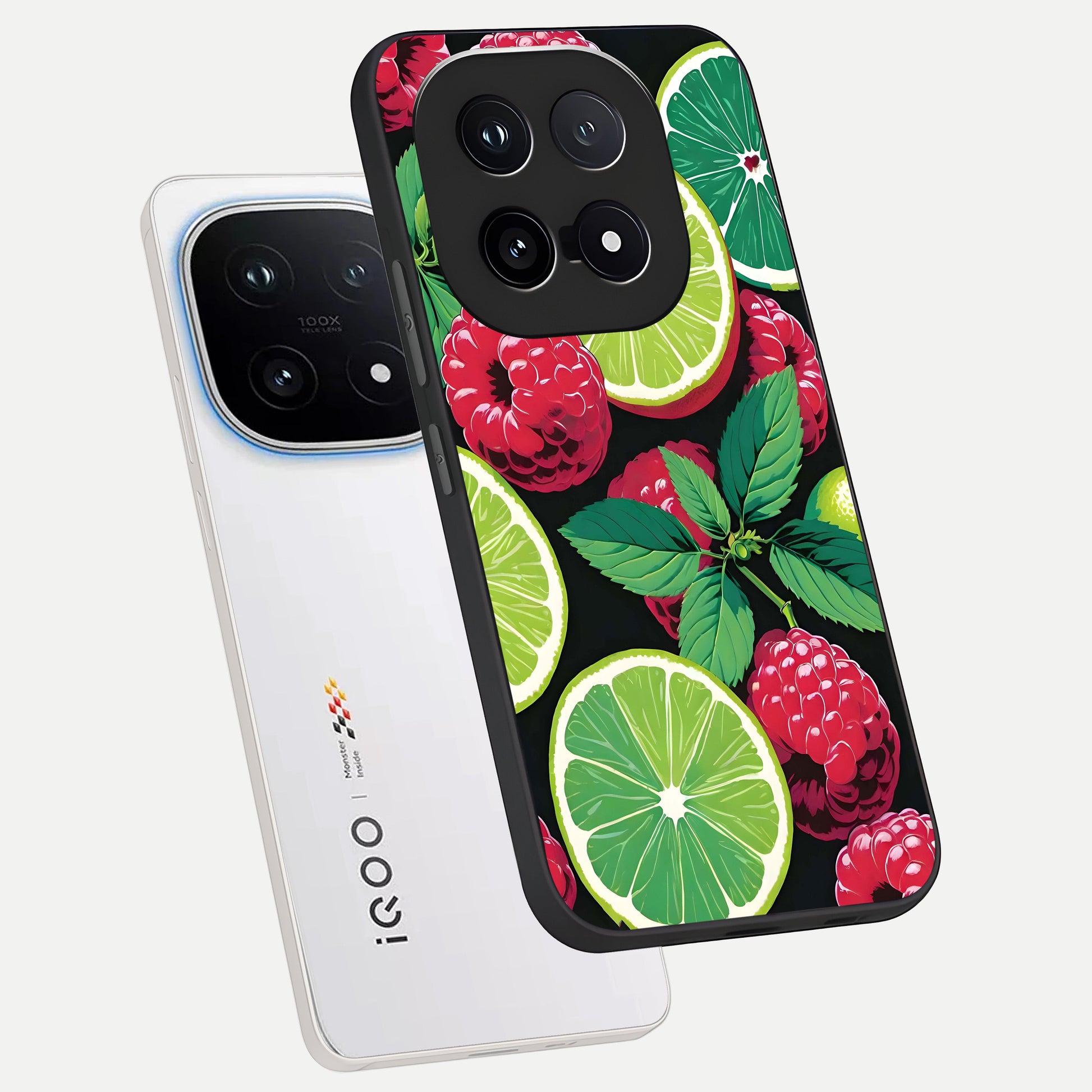  Lime and Raspberry Pattern phone case for iQOO 15 showing premium glass back cover with detailed artwork