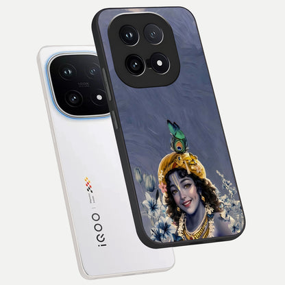  Lord Krishna phone case for iQOO 15 showing premium glass back cover with detailed artwork
