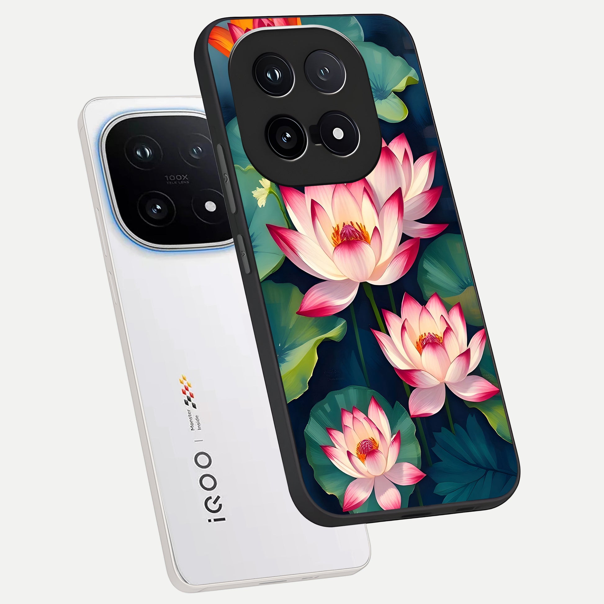  Lotus Dream Serenity phone case for iQOO 15 showing premium glass back cover with detailed artwork