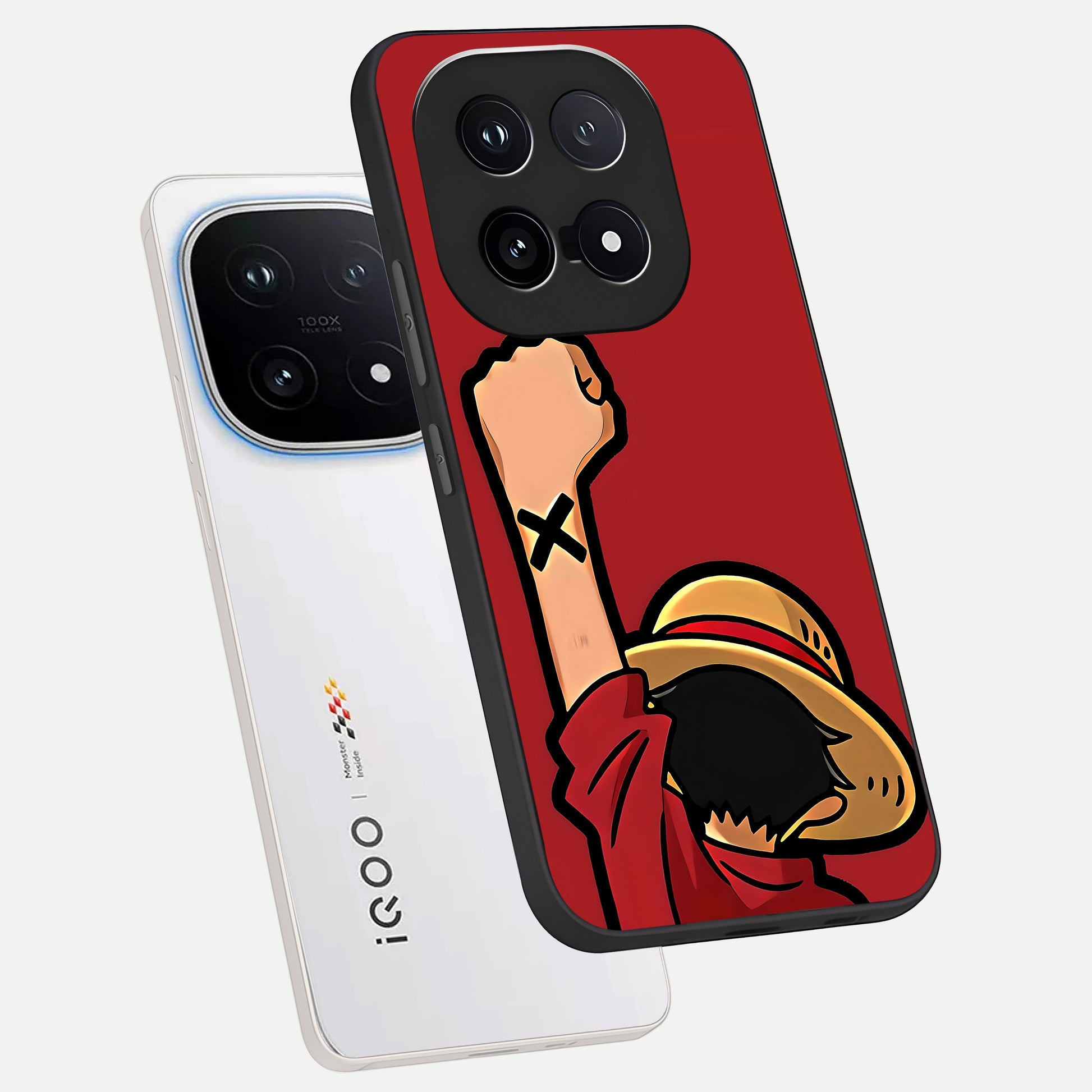  Luffy X Spirit phone case for iQOO 15 showing premium glass back cover with detailed artwork