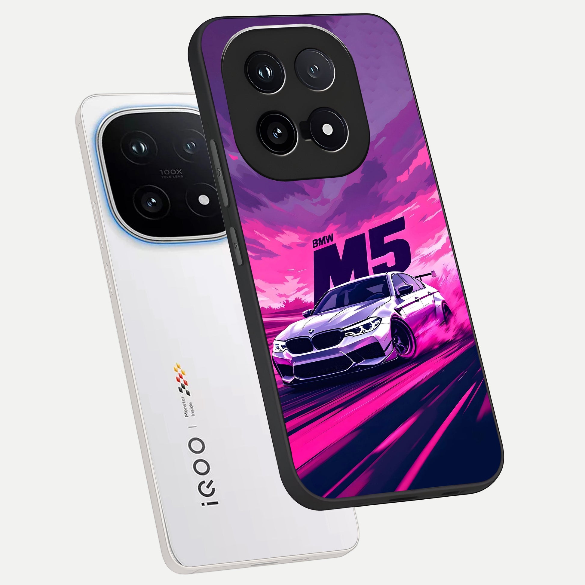  MS Neon Car phone case for iQOO 15 showing premium glass back cover with detailed artwork