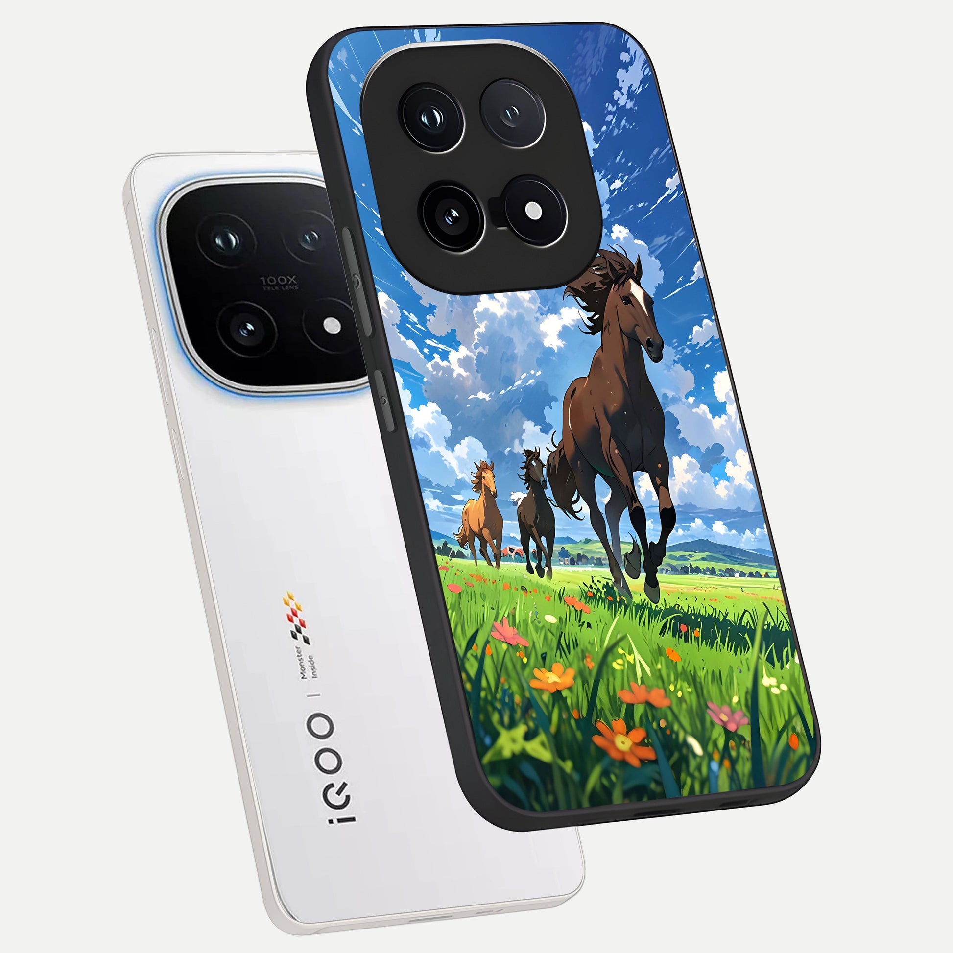  Majestic Horses Galloping phone case for iQOO 15 showing premium glass back cover with detailed artwork