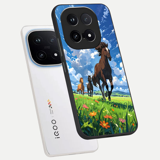  Majestic Horses Galloping phone case for iQOO 15 showing premium glass back cover with detailed artwork