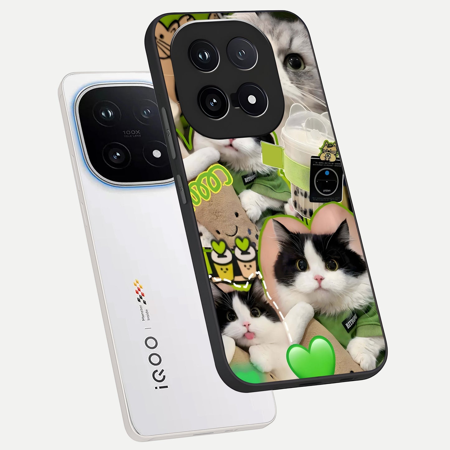  Matcha Cats Mood phone case for iQOO 15 showing premium glass back cover with detailed artwork