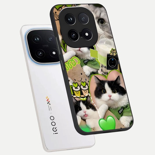  Matcha Cats Mood phone case for iQOO 15 showing premium glass back cover with detailed artwork