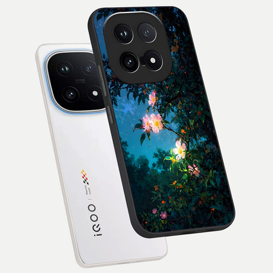  Midnight Bloom Glow phone case for iQOO 15 showing premium glass back cover with detailed artwork