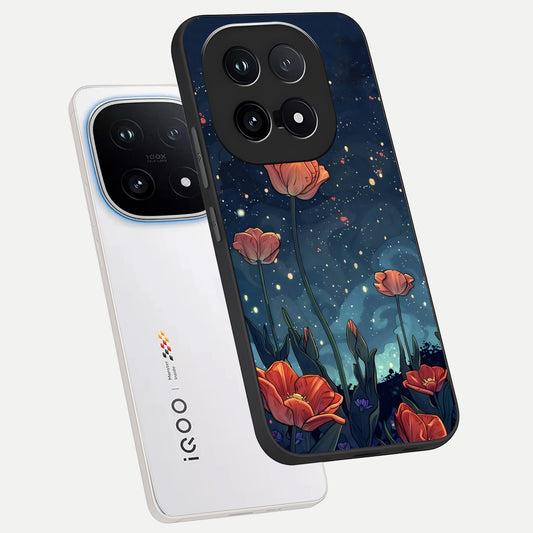  Midnight Tulip Glow phone case for iQOO 15 showing premium glass back cover with detailed artwork
