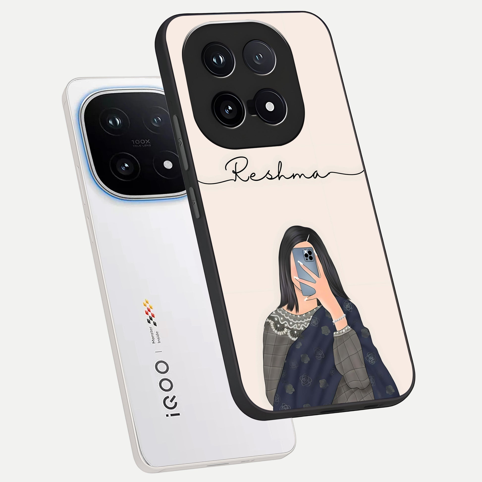  Mirror Mood Muse With Custom Name phone case for iQOO 15 showing premium glass back cover with detailed artwork