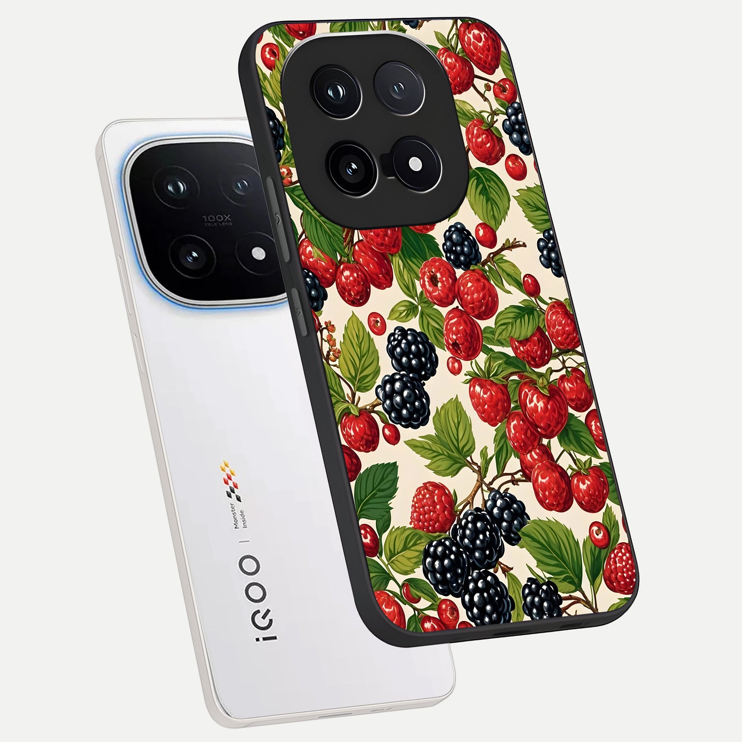  Mixed Berry Collage phone case for iQOO 15 showing premium glass back cover with detailed artwork